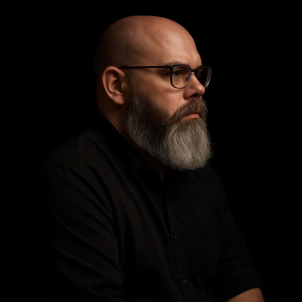 RichNoah_SideProfileBlack_Photographer-opt A bald white male with a beard wearing glasses and black shirt facing to the right.
