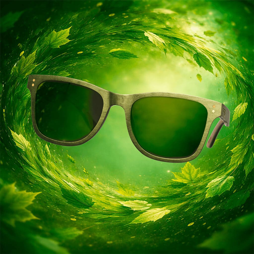 OntarioWood-GreenMaple-GreenLens Wooden framed glasses against a green background with swirling leaves.
