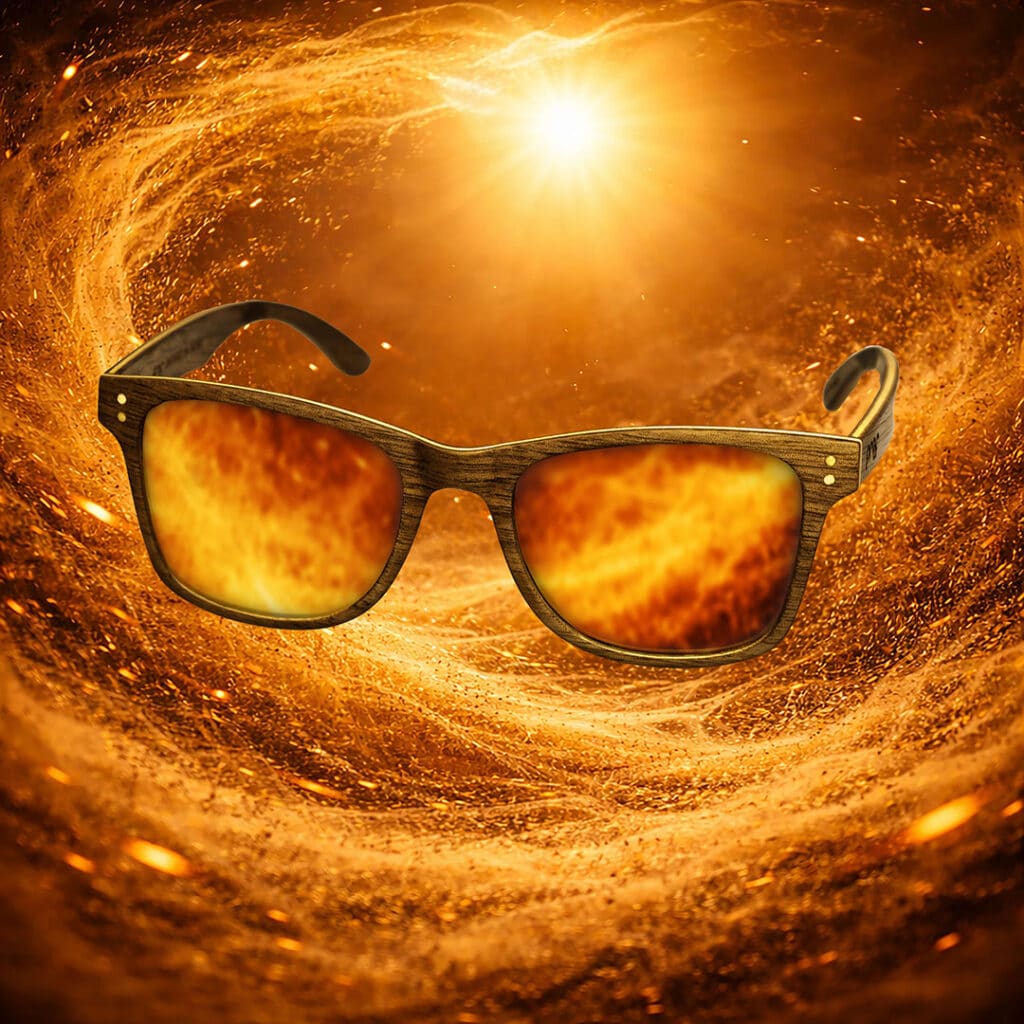OntarioWood-Walnut-GoldMirror Sunglasses with orange mirrored lenses set in a background of swirling sparks.