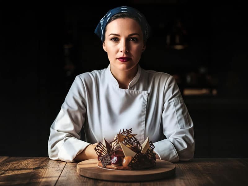 pastry-chef-landscape-kitchen-rich-noah-creative A female pastry chef wearing a blue bandana and a white chef's coat seated at a table behind one of her creations.